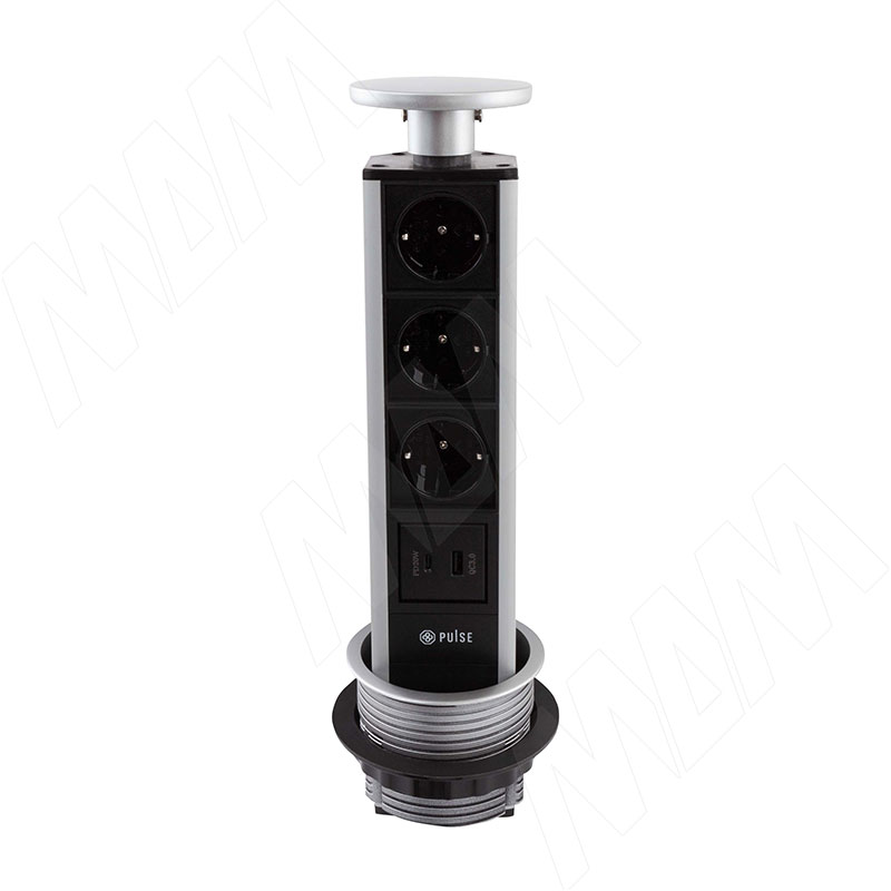 Выдвижной блок розеток, d=90 мм, 3 розетки, 1 USB, 1 USB Type-C, быстрая зарядка, серебро