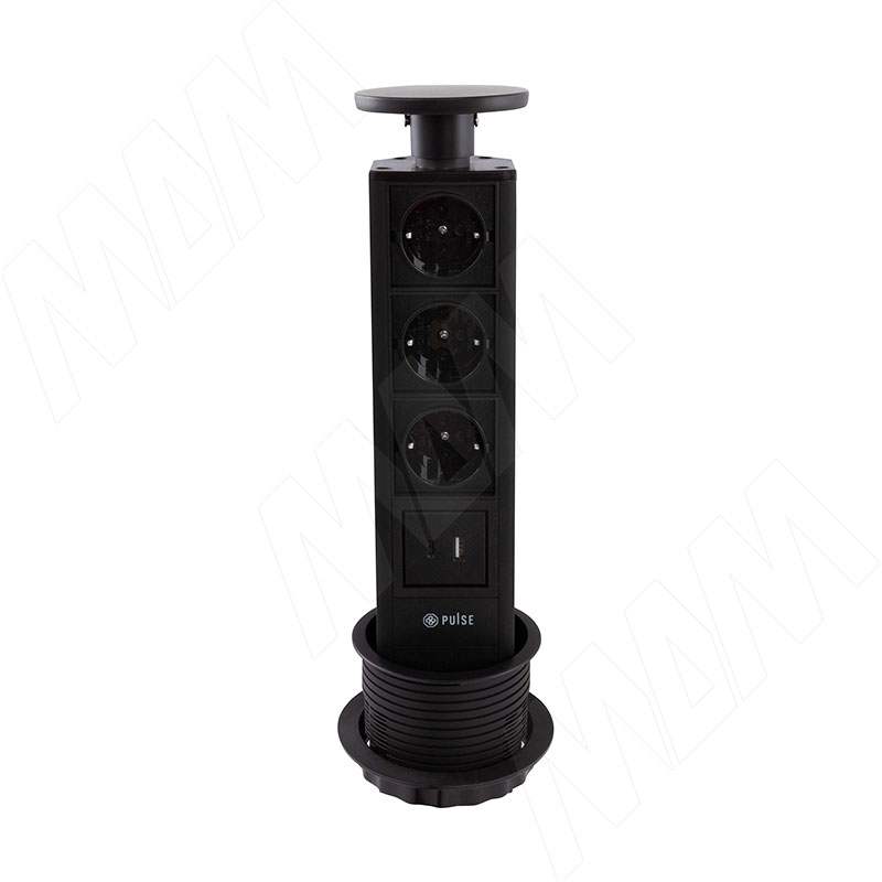 Выдвижной блок розеток, d=90 мм, 3 розетки, 1 USB, 1 USB Type-C, черный