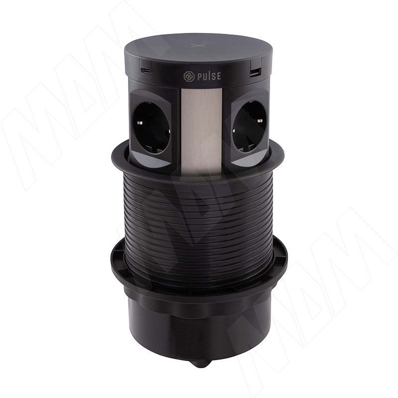 Выдвижной блок розеток, d=122 мм, 4 розетки, 2 USB, 2 USB Type-C, быстрая зарядка, беспроводная зарядка, черный