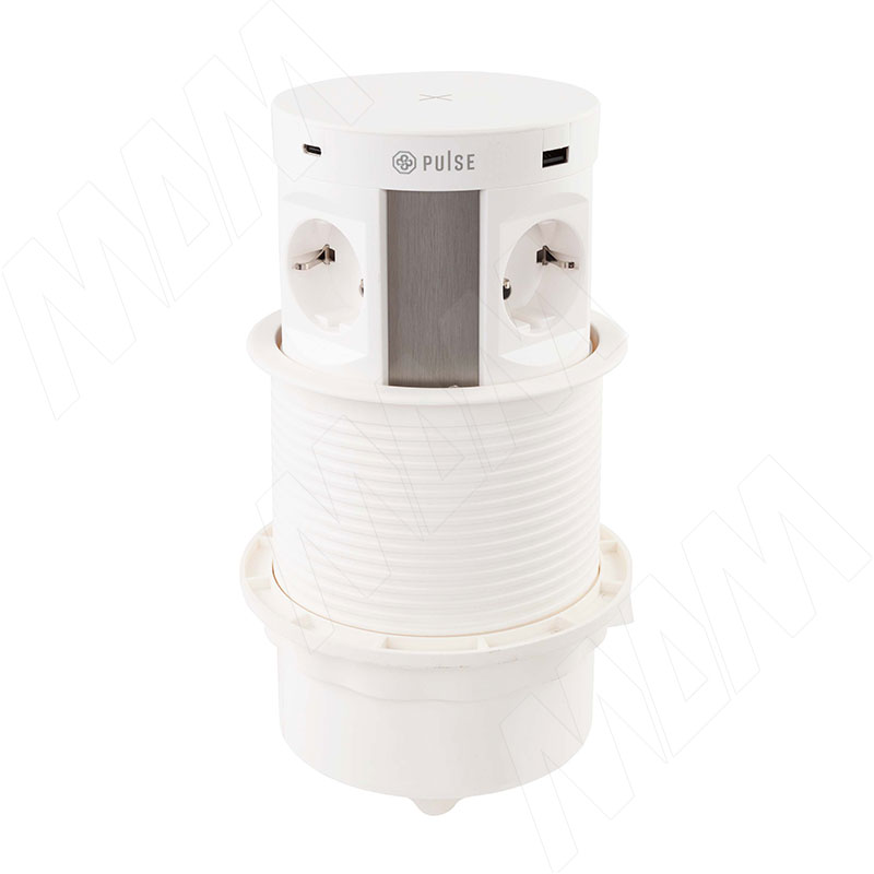 Выдвижной блок розеток, d=122 мм, 4 розетки, 2 USB, 2 USB Type-C, быстрая зарядка, беспроводная зарядка, белый