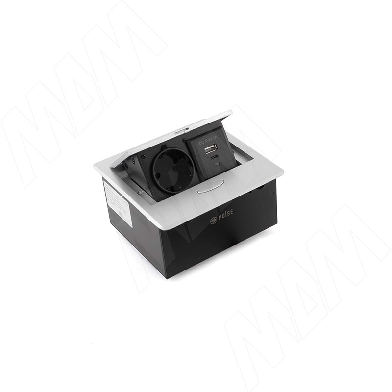 Выдвижной блок розеток, 137*134 мм, 1 розетка, 1 USB, 1 USB Type-C, серебро