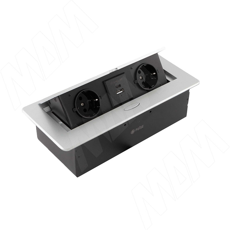 Выдвижной блок розеток, 265*118 мм, 2 розетки, 1 USB, 1 USB Type-C, быстрая зарядка, серебро