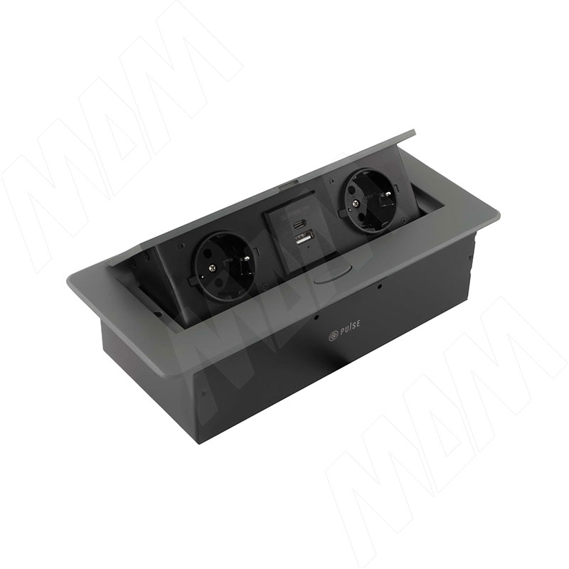 Выдвижной блок розеток, 265*118 мм, 2 розетки, 1 USB, 1 USB Type-C, быстрая зарядка, графит