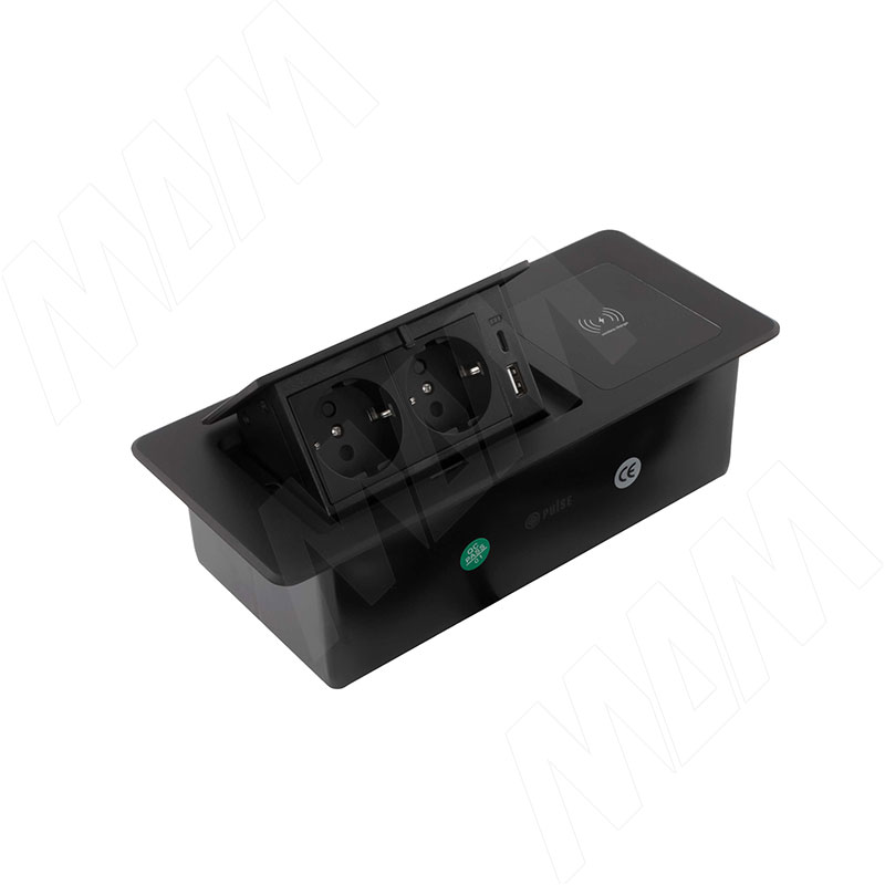 Выдвижной блок розеток, 265*118 мм, 2 розетки, 1 USB, 1 USB Type-C, быстрая зарядка, беспроводная зарядка, черный