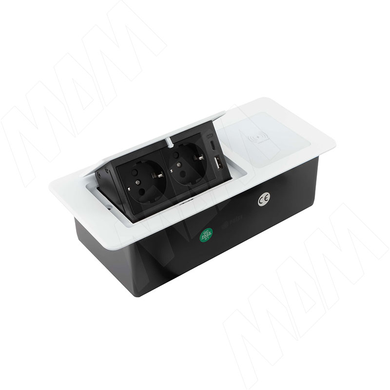 Выдвижной блок розеток, 265*118 мм, 2 розетки, 1 USB, 1 USB Type-C, быстрая зарядка, беспроводная зарядка, белый